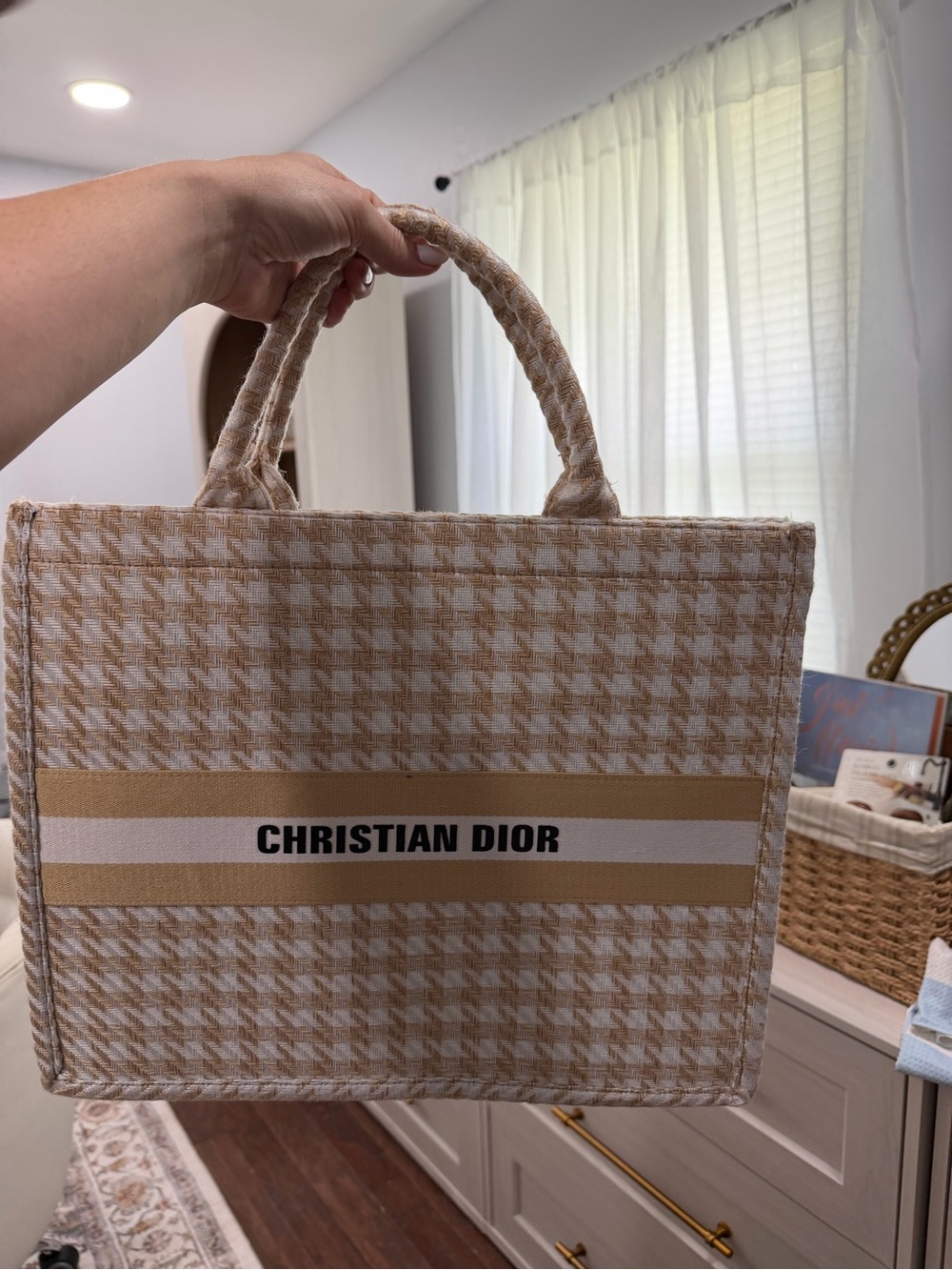 Dior Beige and White Houndstooth Canvas Messenger Tote